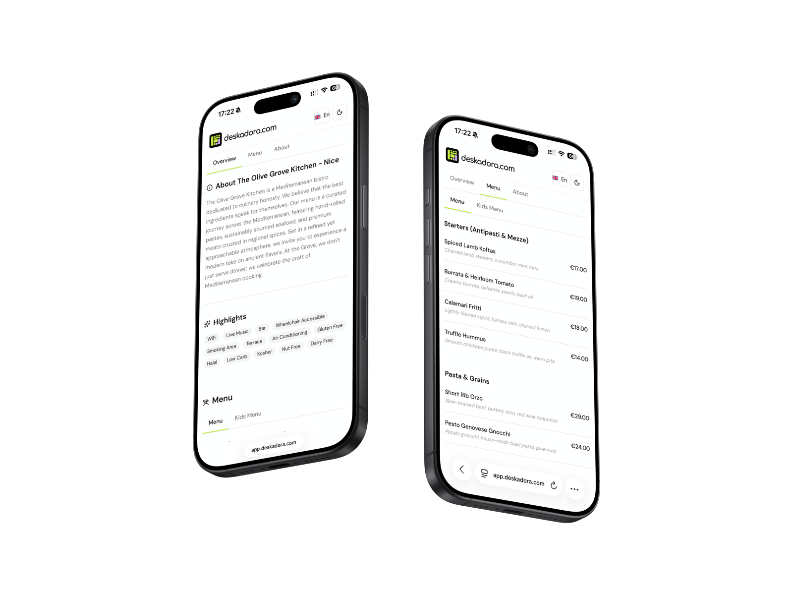 Guests viewing a Deskadora menu in multiple languages on their phones