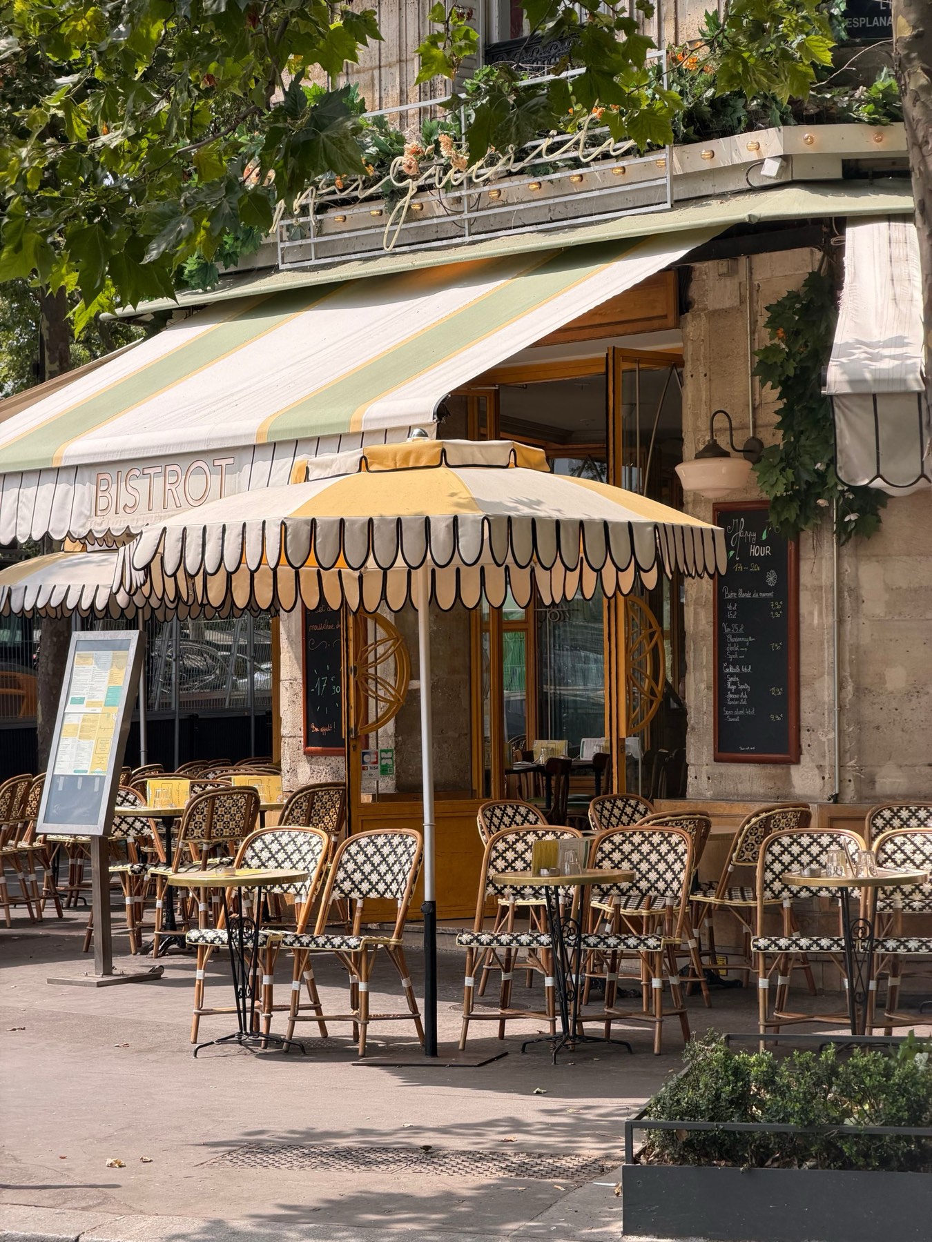 A restaurant terrace at dusk